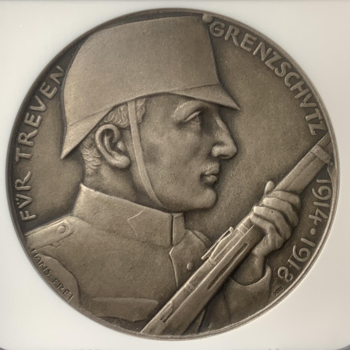 掌中浮雕-藏着的欧洲第054场 NGC MS64 ：1918年瑞士忠诚边防军纪念银章，45mm