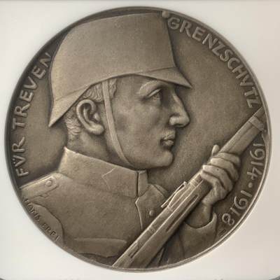 掌中浮雕-藏着的欧洲第054场 - NGC MS64 ：1918年瑞士忠诚边防军纪念银章，45mm