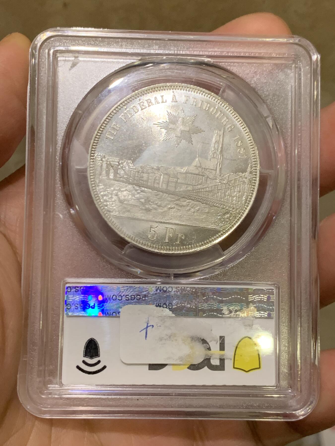 《竞宝斋》第469场 周日，周一 2场连拍 （全场包邮）欢迎送拍 PCGS MS63 瑞士1881弗莱堡射击节景观5法郎银币 瑞射系列中广受欢迎的景观品种 类镜面喷砂质感