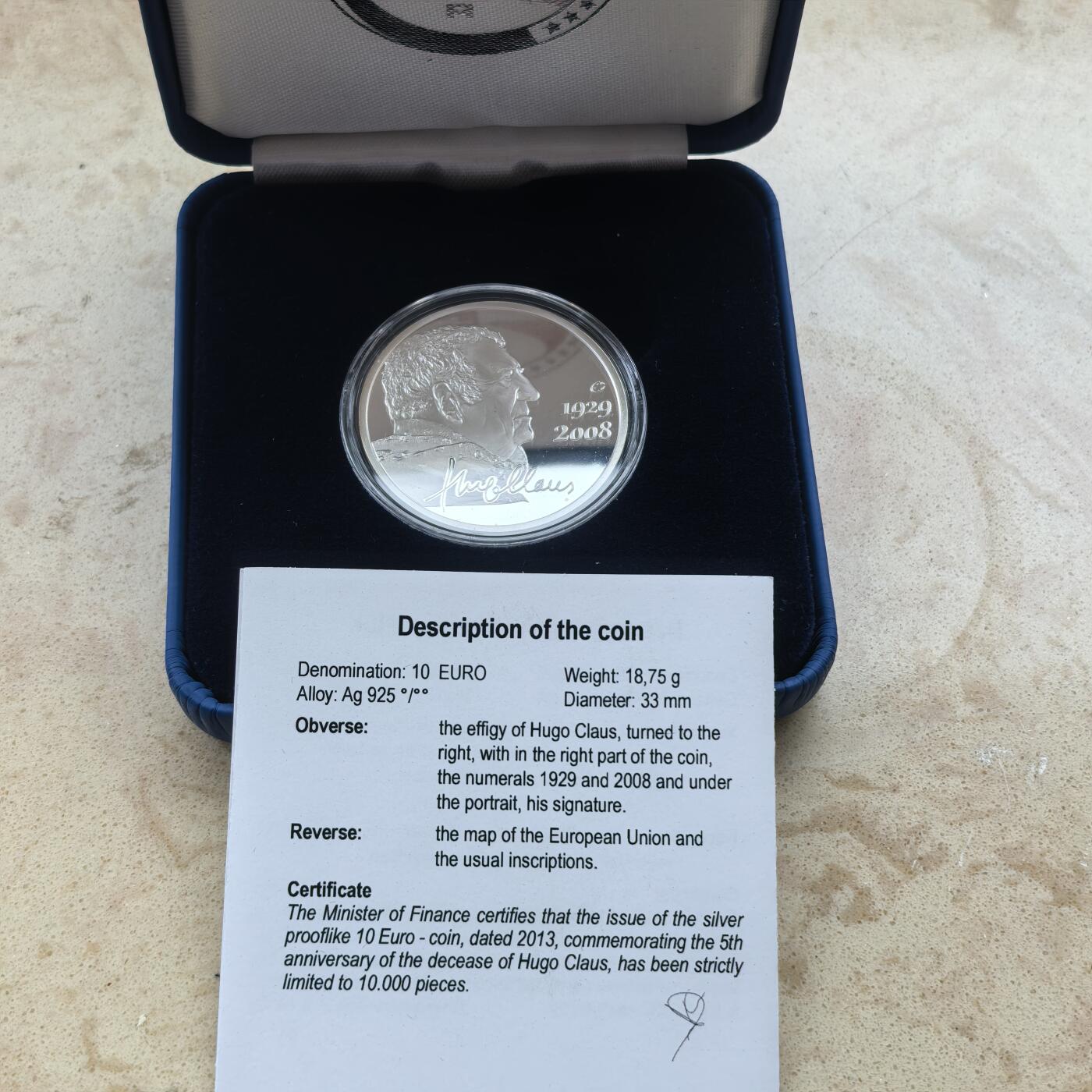 道一币馆币章第一百六十八场 原盒证 比利时2013年诗人雨果·克劳斯逝世5周年10欧元精制银币 