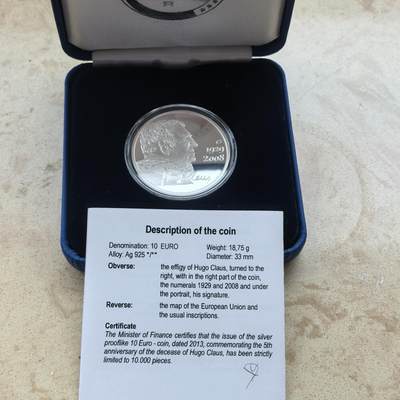 道一币馆币章第一百六十八场 - 原盒证 比利时2013年诗人雨果·克劳斯逝世5周年10欧元精制银币 