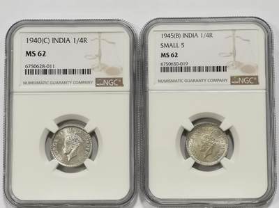 博洋堂世界钱币拍卖第164期（全场包邮） - NGC MS62 英属印度1940年C版、1945年B版乔治六世1/4卢比银币2枚一对