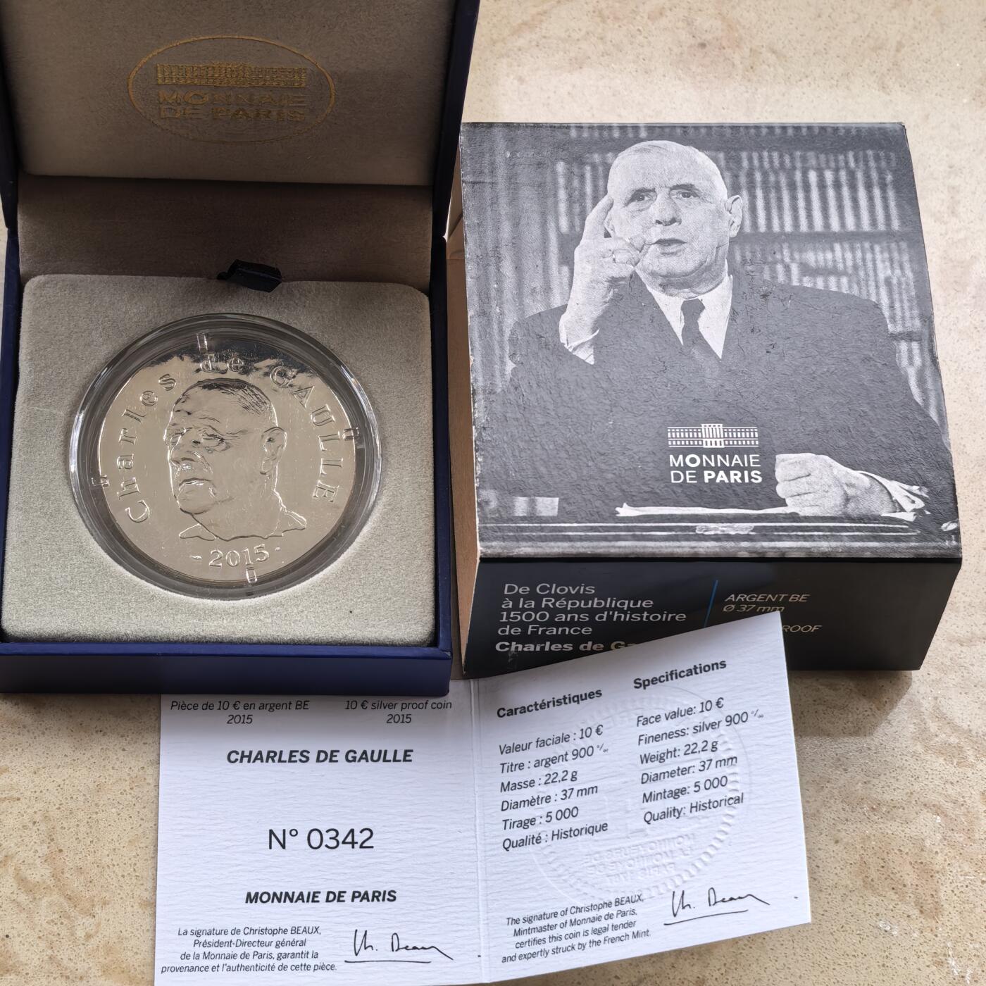 道一币馆币章第一百六十八场 原盒证 法国2015年历史上的领袖-夏尔·戴高乐10欧元复古银币  22.2g 900s 5000