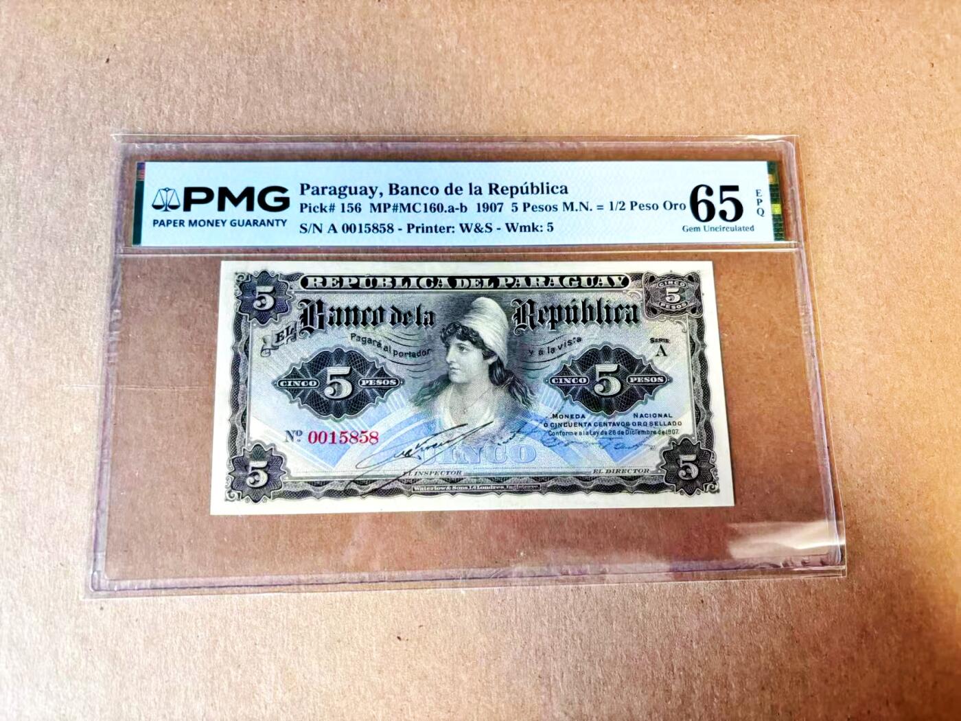 【Blue Auction】世界纸币精拍第793期——18级TOP拍卖/信誉/品质/专业/高效💫 【A冠无47】巴拉圭 1907年5比索 PMG65EPQ 