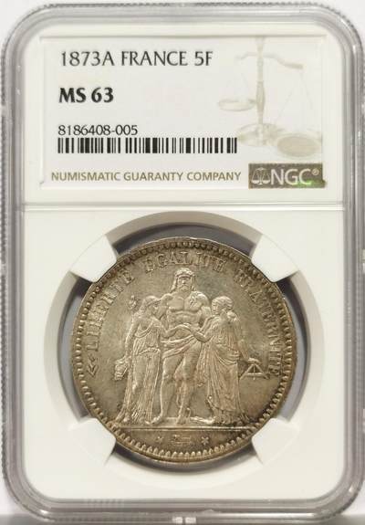 博洋堂世界钱币拍卖第164期（全场包邮） - NGC MS63 法国1873年大力神5法郎银币