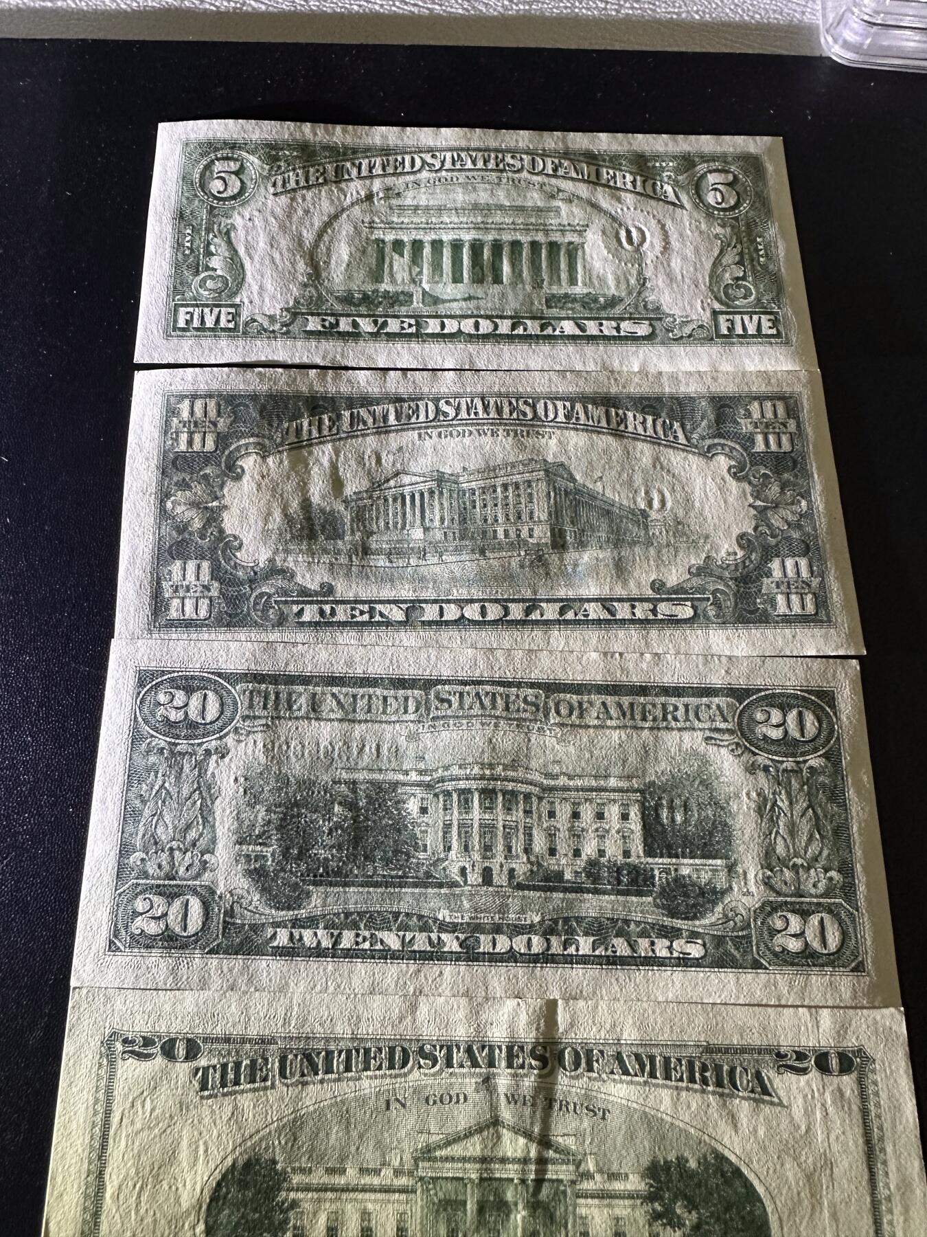 《外钞收藏家》第六百一十六期（精品场）（长期征集拍品、欢迎藏友们联系合作） 美国小头版5、10、20美元 全新轻微潮+大头版20美元AU 四张一起