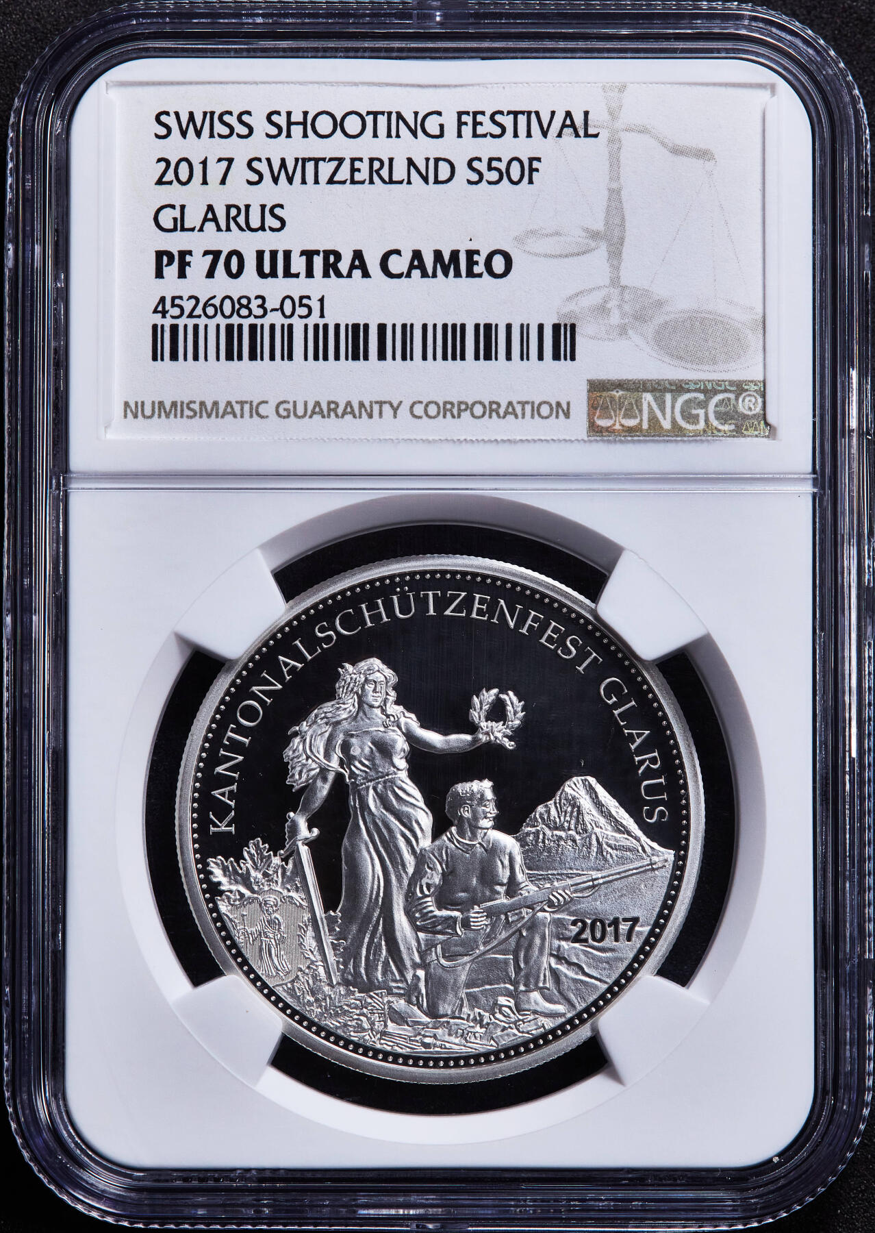 【俄甄集藏】2026年(049)03-18星期三 晚 19:30 全场包邮 瑞士2017年格拉鲁斯射击节50法郎精制大银币，NGC PF70UC，设计精美，重25克，900银，发行量1200枚，稀少