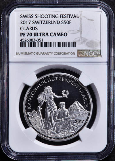 【俄甄集藏】2026年(049)03-18星期三 晚 19:30 全场包邮 - 瑞士2017年格拉鲁斯射击节50法郎精制大银币，NGC PF70UC，设计精美，重25克，900银，发行量1200枚，稀少