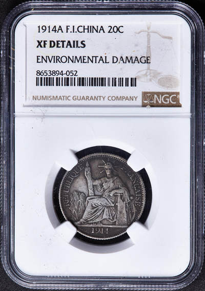 【俄甄集藏】2026年(049)03-18星期三 晚 19:30 全场包邮 - 法属印度支那1914年A版坐洋20分早期银币，NGC XFD，少见早期835银版本，原味酱彩老包浆