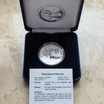 道一币馆币章第一百六十八场 - 原盒证 比利时2015年滑铁卢战役200周年10欧元精制银币