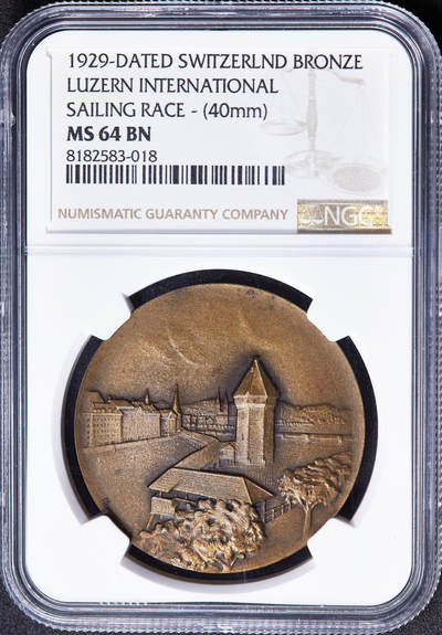 【俄甄集藏】2026年(049)03-18星期三 晚 19:30 全场包邮 - 瑞士1929年纪念卢塞恩国际赛艇竞赛铜质奖章，NGC MS64，卢塞恩湖畔景观，磨砂底板，顶级状态