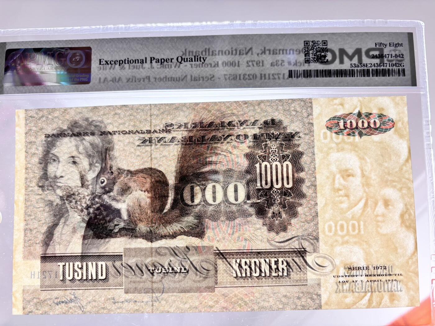 【Blue Auction】世界纸币精拍第793期——18级TOP拍卖/信誉/品质/专业/高效💫 【a版A1冠】丹麦 1972年1000克朗 大松鼠 PMG58EPQ 近新原票 只有一道非常轻微的折 油墨及纸张凹凸感非常好 动物钞经典品种勿错过
