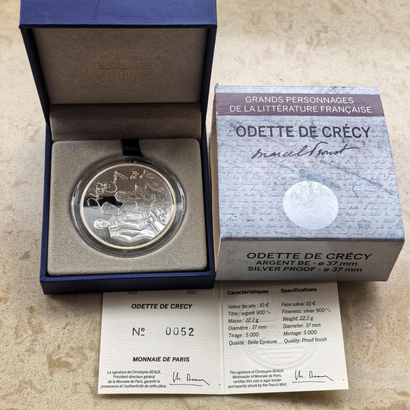 道一币馆币章第一百六十八场 原盒证 法国2013年法国历史文豪-马塞尔·普鲁斯特10欧元精制银币  22.2g 900s 5000
