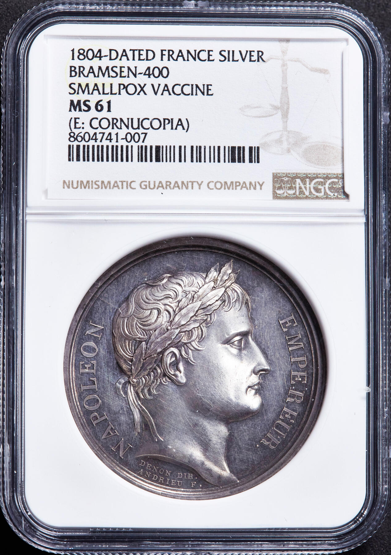 【俄甄集藏】2026年(049)03-18星期三 晚 19:30 全场包邮 法国1804年拿破仑帝国纪念天花疫苗接种大银章，NGC MS61，高浮雕，类精制底板，原味状态