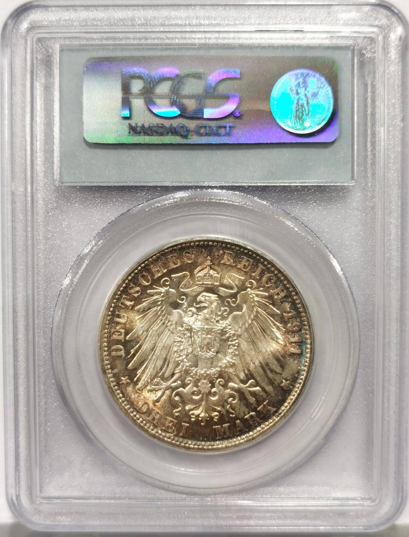 博洋堂世界钱币拍卖第164期（全场包邮） PCGS MS66 德国符腾堡1911年银婚纪念3马克银币，背面极美环五彩包浆