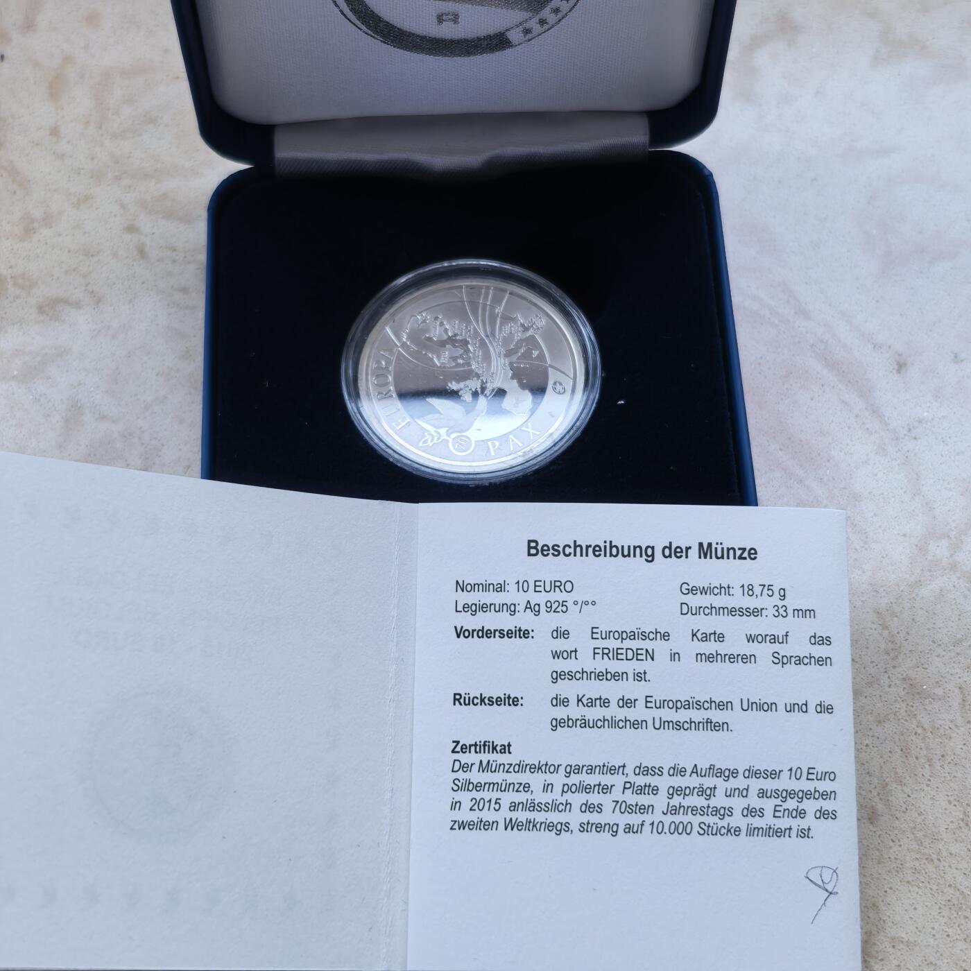 道一币馆币章第一百六十八场 原盒证 比利时2015年欧洲和平70周年10欧元精制银币