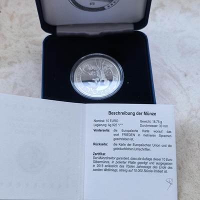 道一币馆币章第一百六十八场 - 原盒证 比利时2015年欧洲和平70周年10欧元精制银币