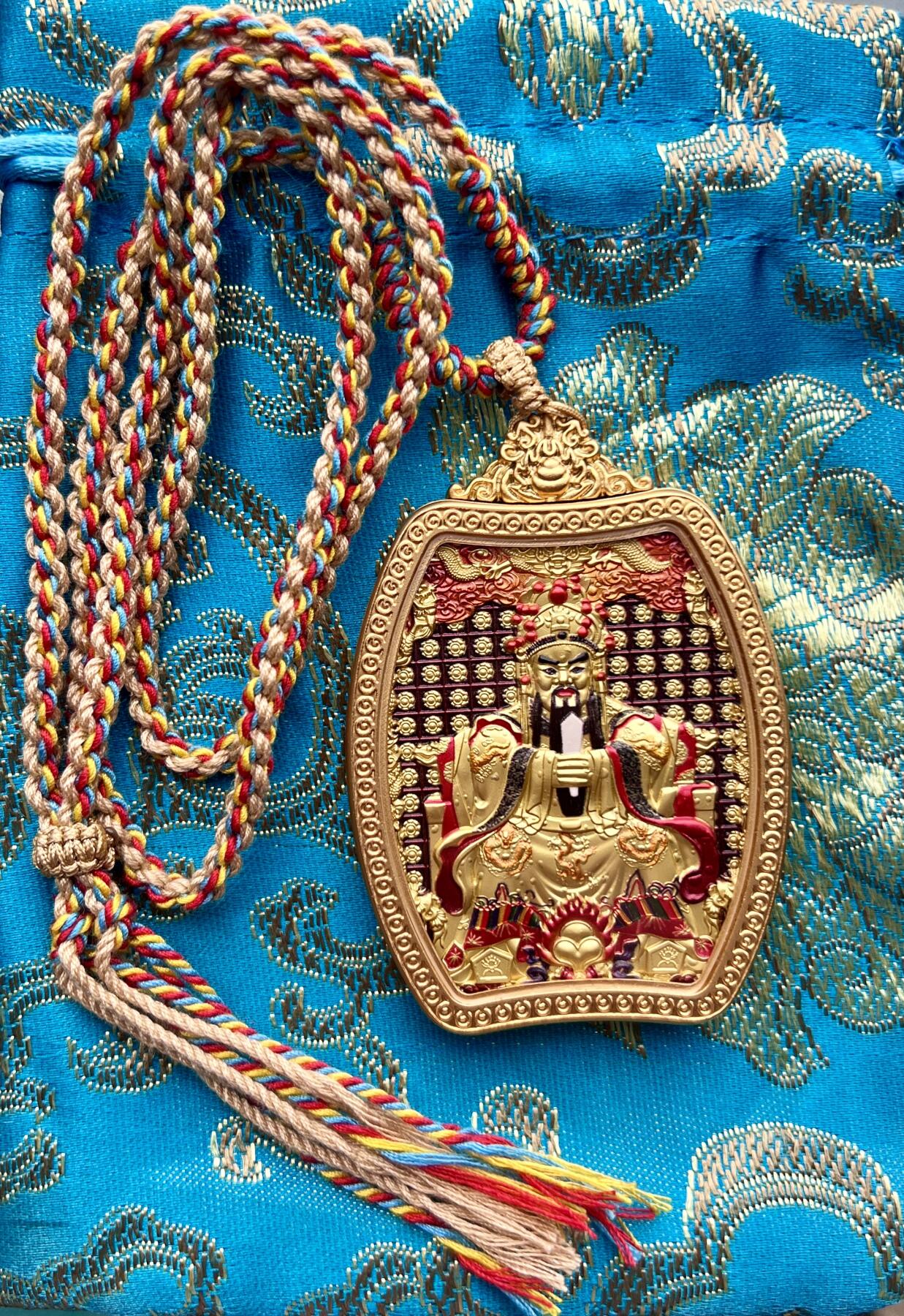 双面唐卡 立体浮雕 文殊菩萨  黄财神 带绳带袋  