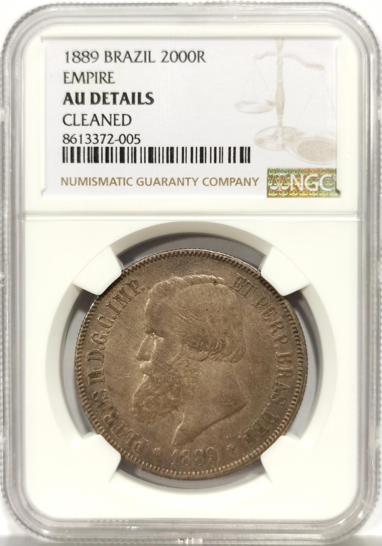 博洋堂世界钱币拍卖第164期（全场包邮） NGC AU92 错杀巴西帝国1889年2000R大银币，满包浆他说清洗，重评可以拼MS。