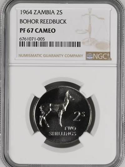 长老汇马年精选第八场拍卖 - 赞比亚1964年独立首版流通币2先令精制，NGC PF67 CAMEO，唯一冠军，发行量：5000  书价高