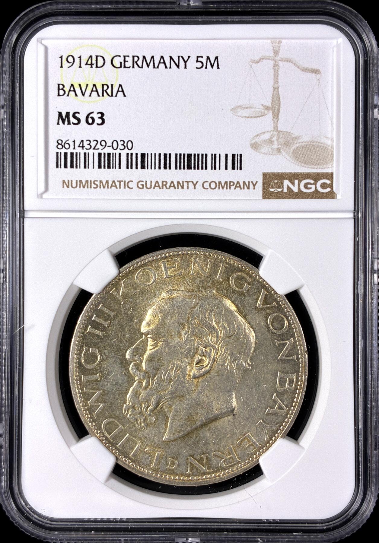 【雨安】【直播拍卖】【第0128期-评级币章】2026-03-14 周六 19:30 (金价1145, 银价22.39) [评级德国] Germany 德国 帝国 J.053 巴伐利亚 5马克 (1914) 路德维希三世 1914年  NGC-MS63