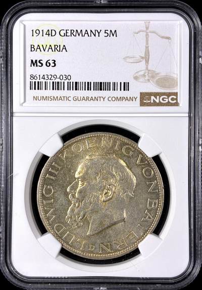 【雨安】【直播拍卖】【第0128期-评级币章】2026-03-14 周六 19:30 (金价1145, 银价22.39) - [评级德国] Germany 德国 帝国 J.053 巴伐利亚 5马克 (1914) 路德维希三世 1914年  NGC-MS63
