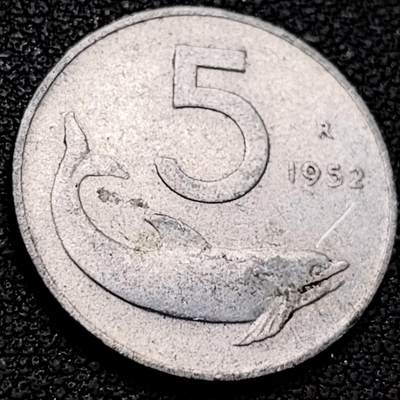 泉币菌-第207场-拍品多 请提前出价 - 1952年 意大利 5分铝制币 海豚 20mm 纪念币铜钱