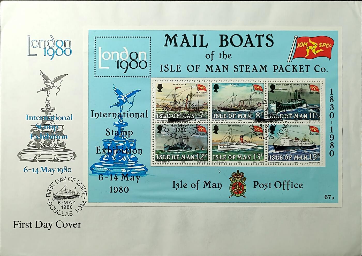 ↓君缘收藏760期☞钱币邮品↓无佣金、可寄存、满30元包邮  英属马恩岛邮票，1980年伦敦国际邮展·马恩岛蒸汽包船公司成立150周年邮票小全张首日封(大封)