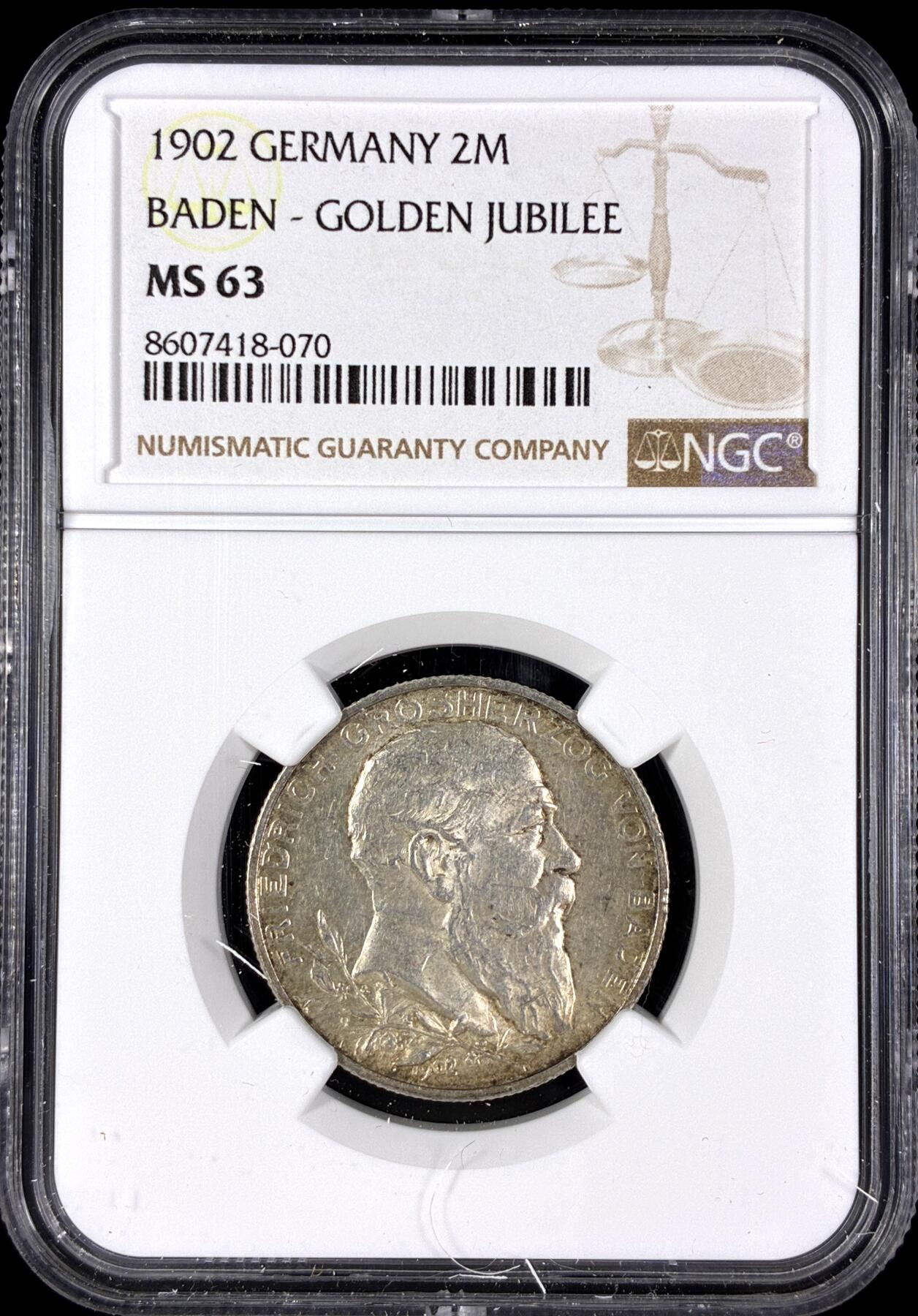 【雨安】【直播拍卖】【第0128期-评级币章】2026-03-14 周六 19:30 (金价1145, 银价22.39) [评级德国] Germany 德国 帝国 J.030 巴登 2马克 (1902) 登基50周年 1902年  NGC-MS63