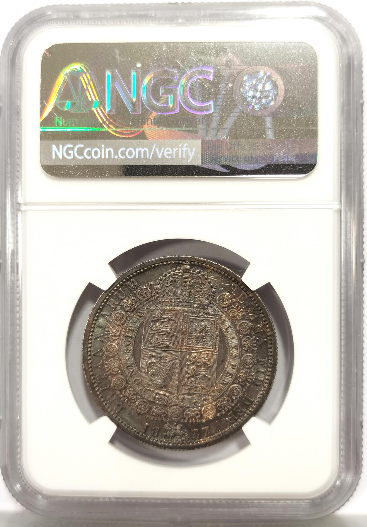 博洋堂世界钱币拍卖第164期（全场包邮） NGC UNCD 英国1887年维多利亚半克朗银币，原汁原味老包浆，包浆醇厚浓郁，状态佳，味道币味道足，极美酱彩包浆，