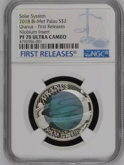 长老汇马年精选第八场拍卖 - 帕劳2018年 太阳系天王星银铌双金属精制银币 三色材质，发行量3000枚，NGC PF70UC，首日标