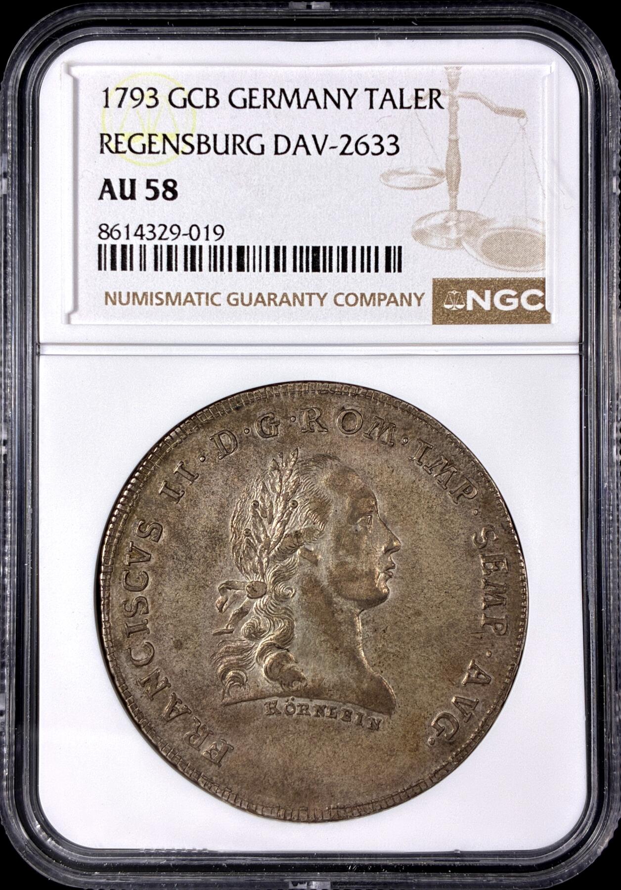 【雨安】【直播拍卖】【第0128期-评级币章】2026-03-14 周六 19:30 (金价1145, 银价22.39) [评级德国] Germany 德国 德意志 1泰勒 Regensburg雷根斯堡 KM#0469 DAV-2633 (1793) 景观泰勒  NGC-AU58 原味淡美包浆, 带底光 热门景观系列, 非常非常少的品种