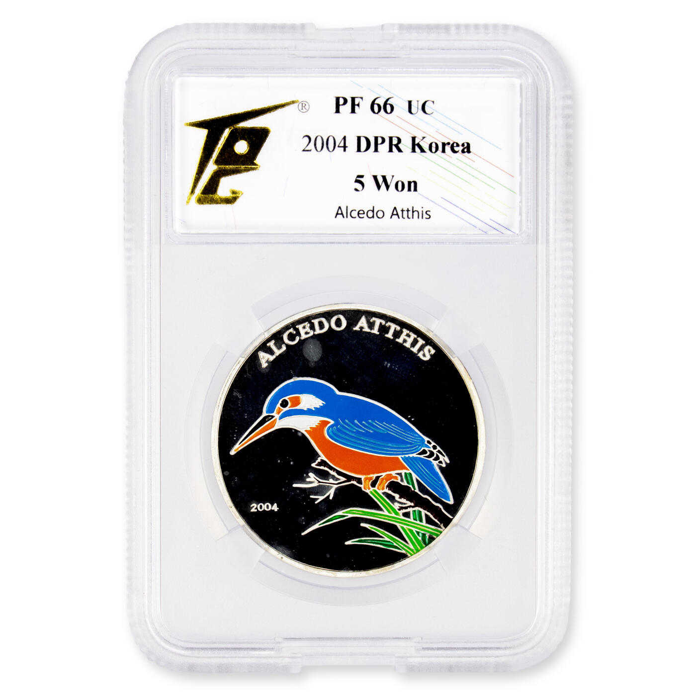 2004年朝鲜-翠鸟15g999纯银彩色纪念银币TQG评级PF66