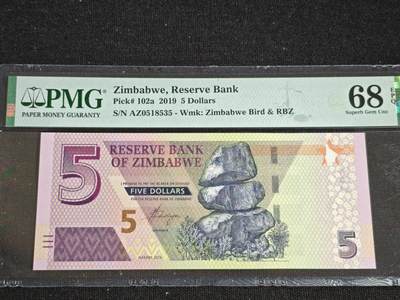 刘世昌艺术品销售中心～虎踞龙蟠*金杨在线联拍群第519期 - 津巴布韦2019年5元（PMG  68E   号码：AZ0518535）1枚。