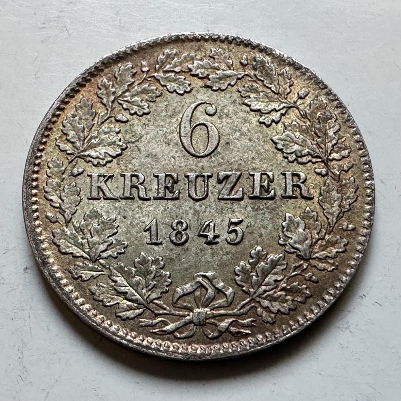 🌹外币初藏🌹🐯2026年第28场   每周二四六晚8️⃣点 接代拍 巴登大公国 1845年 双狮鹰盾徽 6克鲁泽尔银币 33.3%银 2.6g 21mm