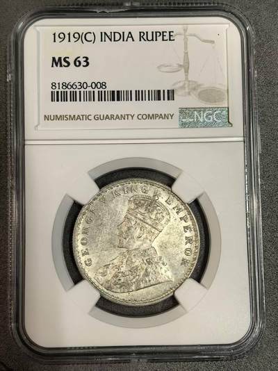 开店首拍 国内外机制币银元拍场 - NGC-MS63 英属印度1919年卢比银币C版 乔治五世 浅包浆高分好品相 NGC评级币