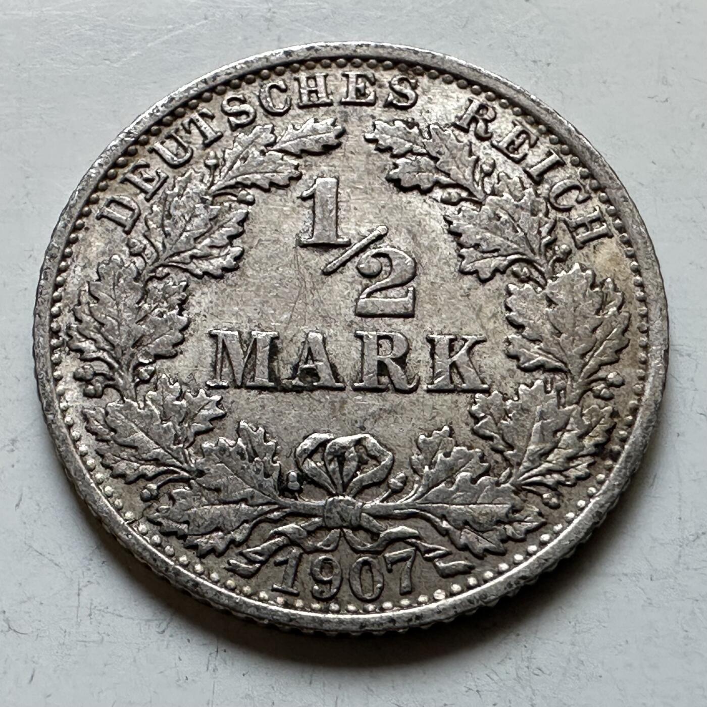 🌹外币初藏🌹🐯2026年第28场   每周二四六晚8️⃣点 接代拍 德国 1907年 帝国鹰 1/2马克银币 90%银 2.78g 20mm