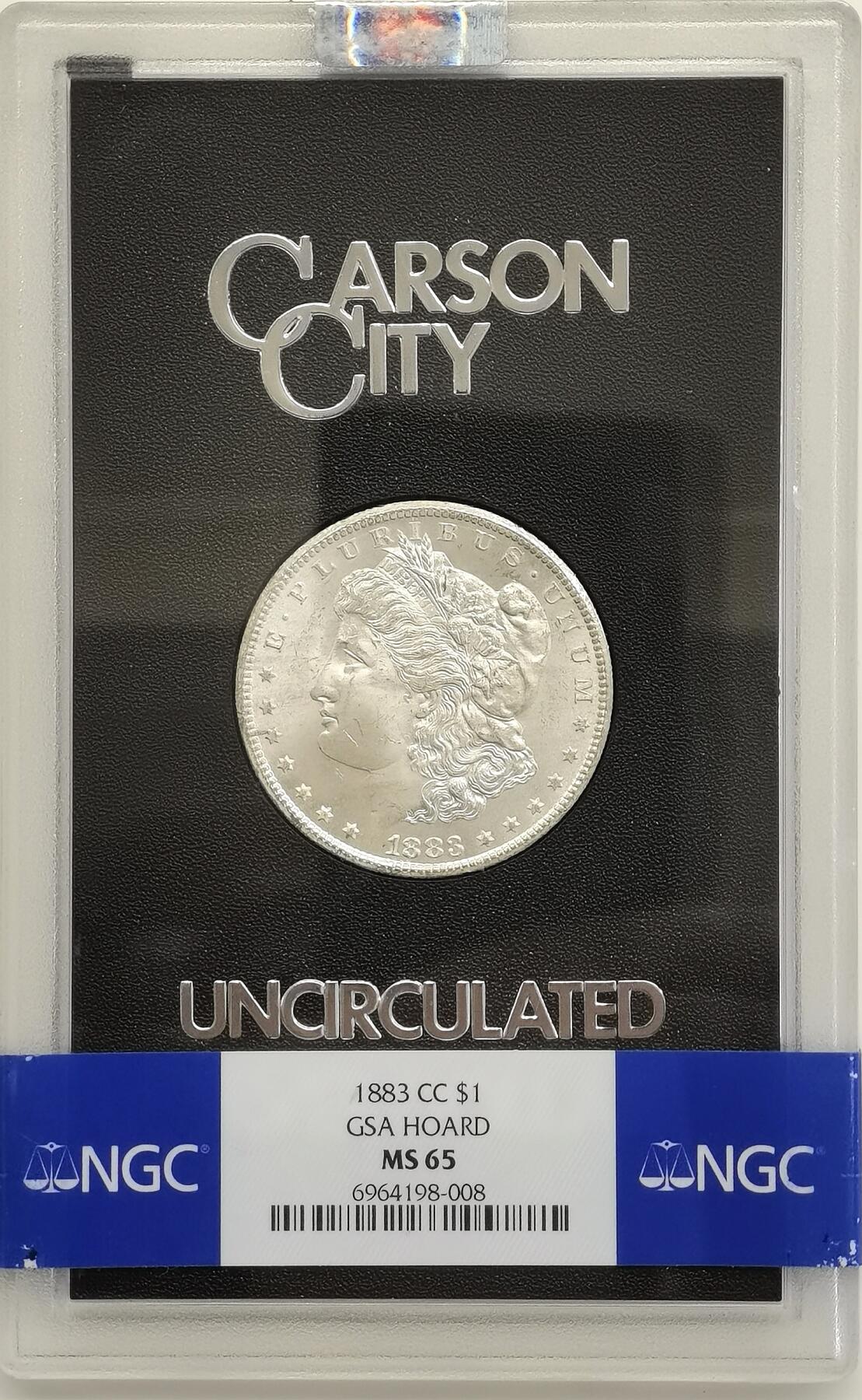 博洋堂世界钱币拍卖第164期（全场包邮） NGC MS65 美国1883 CC 摩根银币 稀有卡森厂 GSA绝版大封装 高分难得 车轮转光