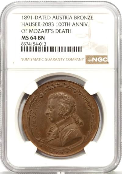 博洋堂世界钱币拍卖第164期（全场包邮） - NGC MS64BN 奥地利1891年纪念大音乐家莫扎特逝世100周年大铜章。