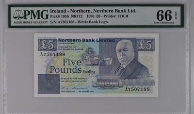 【礼羽收藏】🌏世界钱币拍卖128期 - 1990年北爱尔兰北方银行5镑，PMG66分，A冠号码无4双尾88