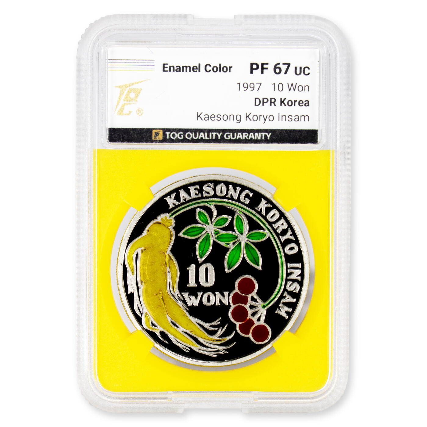 1997年朝鲜-高丽参珐琅彩纪念银币1盎司999纯银TQG评级 67