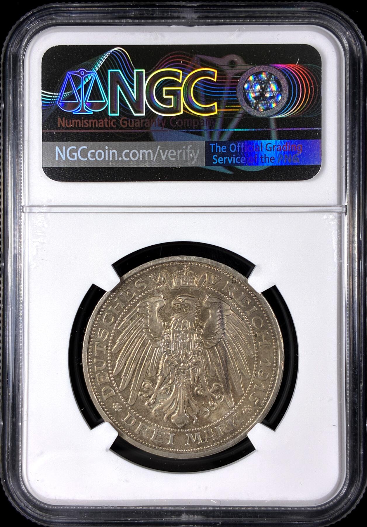 【雨安】【直播拍卖】【第0128期-评级币章】2026-03-14 周六 19:30 (金价1145, 银价22.39) [评级德国] Germany 德国 帝国 J.115 普鲁士 3马克 (1915) 屠龙 1915年  NGC-MS62