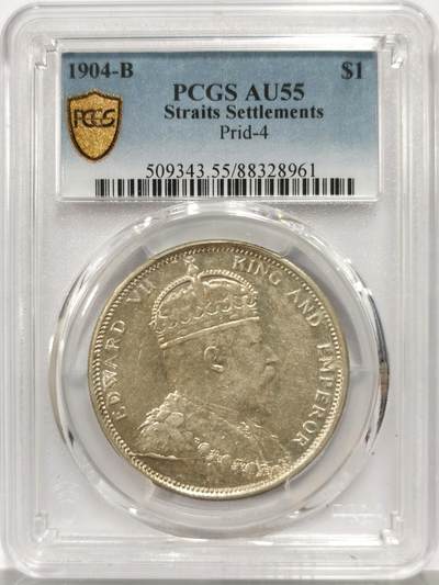 博洋堂世界钱币拍卖第164期（全场包邮） - PCGS AU55 英属海峡殖民地1904年爱德华七世壹圆银币，俗称大海峡，仅发行1903和1904两个年份，出分远比同期发行的站洋少-1