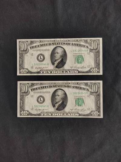 【礼羽收藏】🌏世界钱币拍卖128期 - 1950年10美元连号两张，尾945品相UNC，尾944有轻微折痕