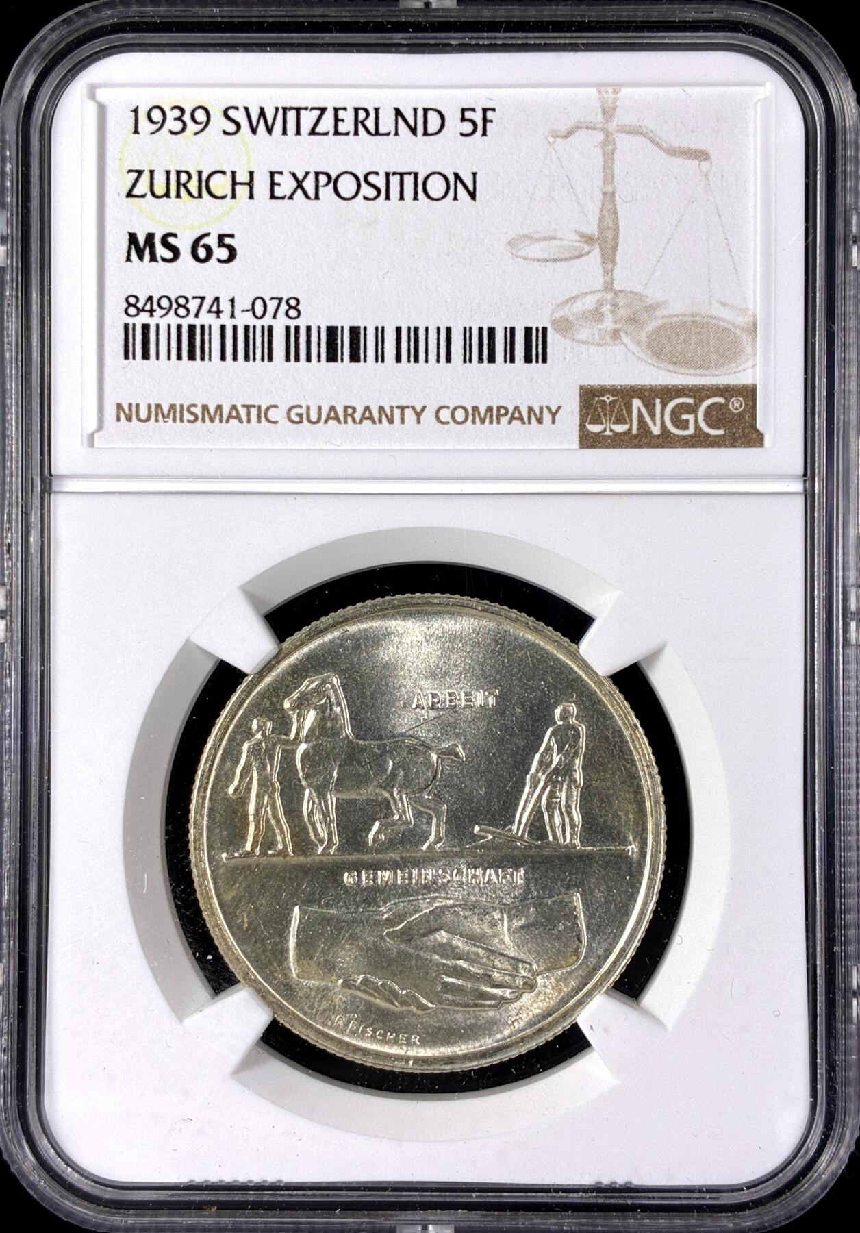 【雨安】【直播拍卖】【第0128期-评级币章】2026-03-14 周六 19:30 (金价1145, 银价22.39) [评级欧洲] Switzerland 瑞士 5法郎 1939年 苏黎世博览会 KM# 43  NGC-MS65