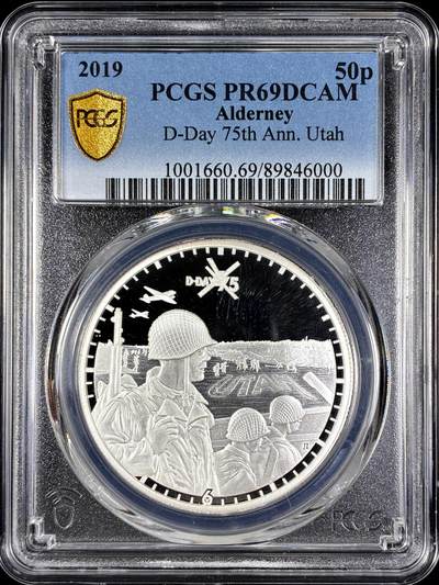 【雨安】【直播拍卖】【第0128期-评级币章】2026-03-14 周六 19:30 (金价1145, 银价22.39) - [评级现代] Alderney 奥尔德尼 50便士 2019年 D-Day PCGS-PR69DCAM 精制币