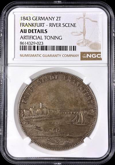 【雨安】【直播拍卖】【第0128期-评级币章】2026-03-14 周六 19:30 (金价1145, 银价22.39) - [评级德国] Germany 德国 德意志 2泰勒 Frankfurt法兰克福 Thun.130 KM#0326 景观泰勒 1843年  NGC-AU