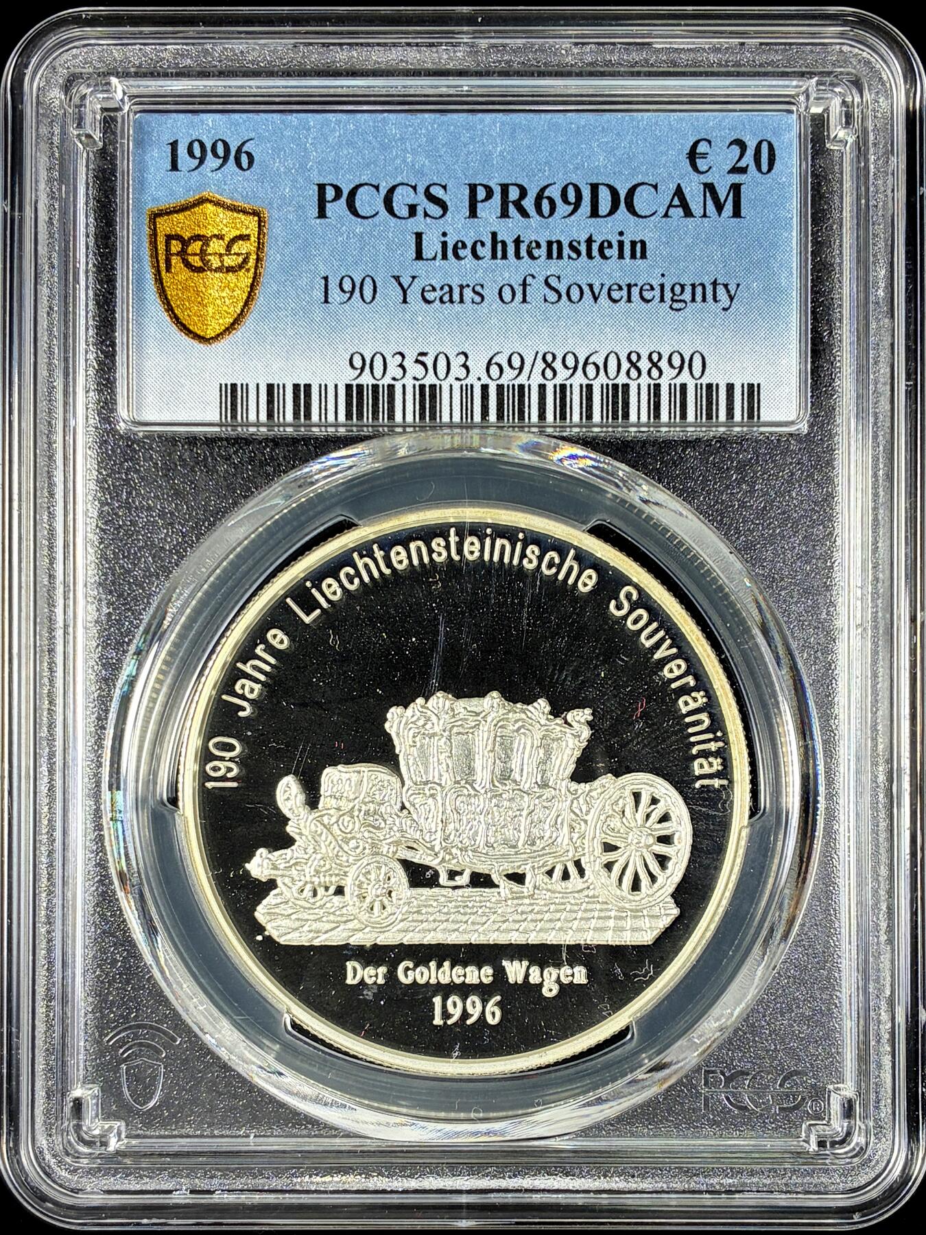 【雨安】【直播拍卖】【第0128期-评级币章】2026-03-14 周六 19:30 (金价1145, 银价22.39) [评级现代] Liechtenstein 列支敦士登 20埃居 1996年 PCGS-PR69DCAM 精制币