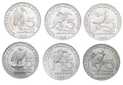 ❤️【币观天下】❤️ 第344期钱币秒杀拍卖场- 2026.3.6周五晚上6点半场 长期征集拍品  - 布隆迪 2014年5法郎非洲珍稀鸟类硬币6枚全套