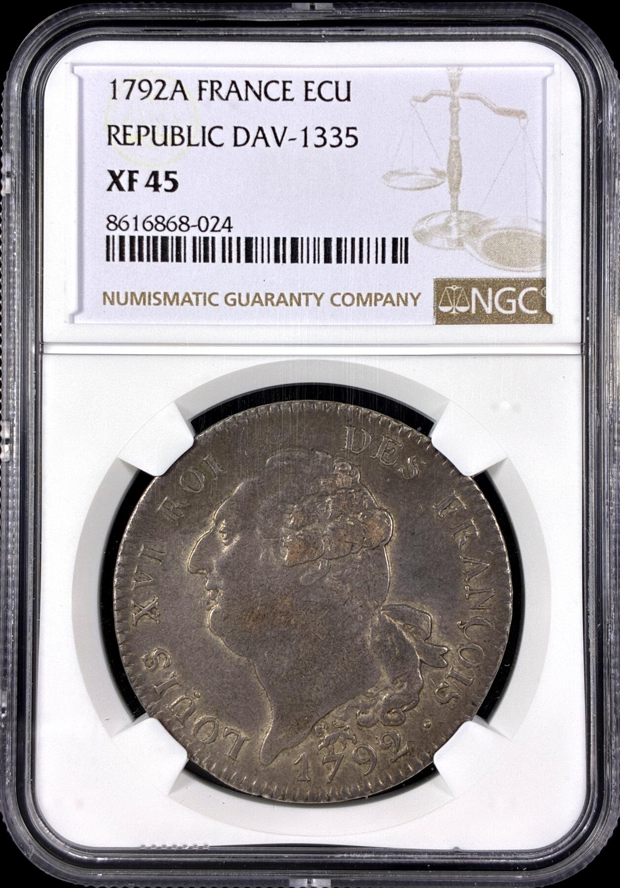 【雨安】【直播拍卖】【第0128期-评级币章】2026-03-14 周六 19:30 (金价1145, 银价22.39) [评级法国] France 法国 1埃居 KM#0615 DAV-1335 路易十六 天使埃居 1792年  NGC-XF45